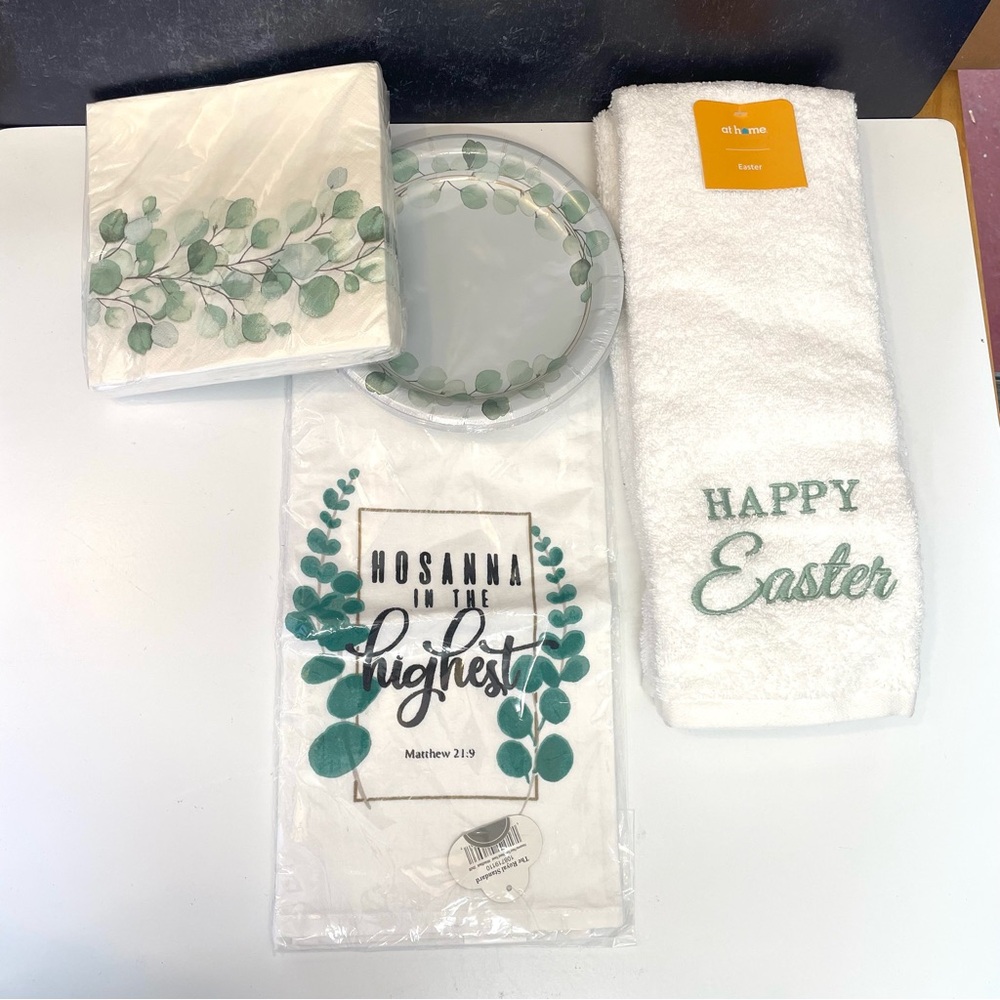 Happy Easter Themed Towel and Napkin Set with Greenery.
